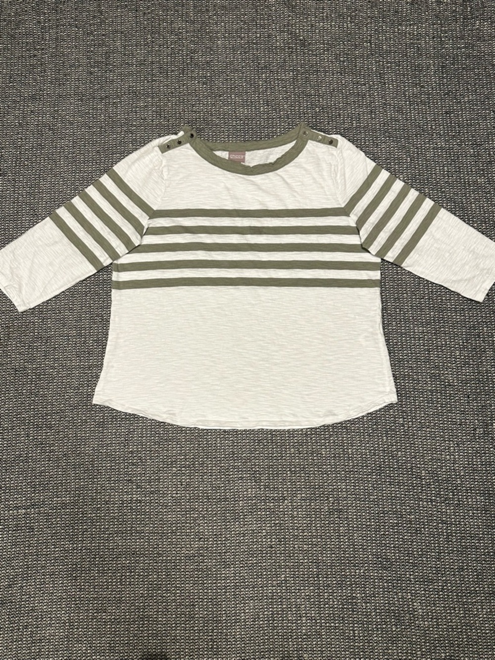 Chico's White and Olive Green Striped 3/4 Sleeve Tee